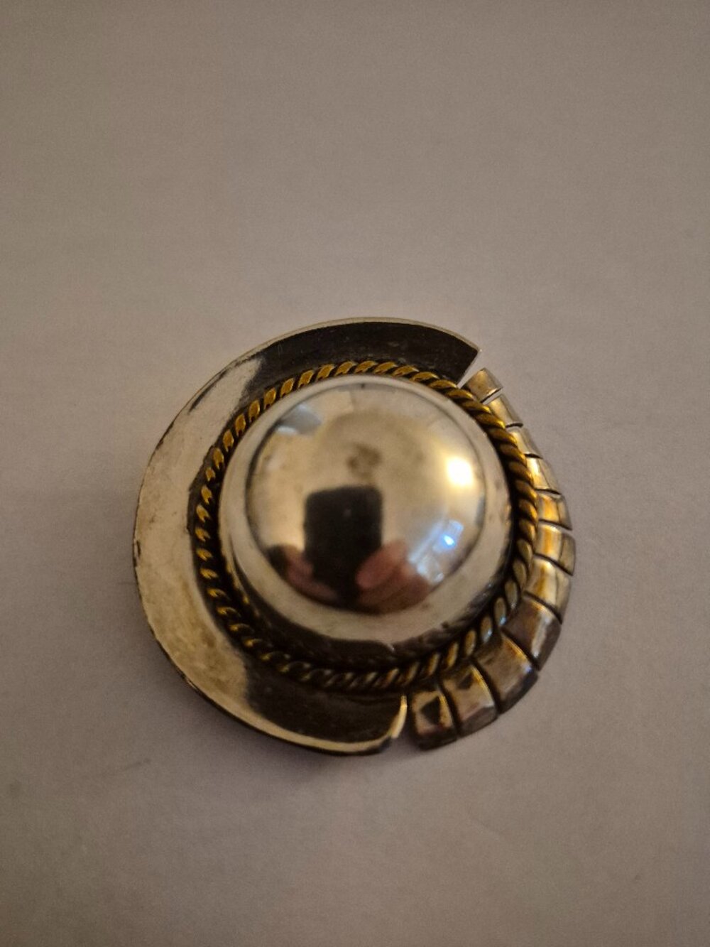 Vintage Mexican Modernist Sterling Silver & Brass Domed Brooch Pin